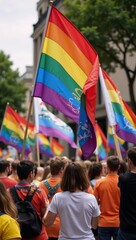 Celebratory display featuring vibrant blowing rainbow flags representing Gay Pride and LGBT solidarity