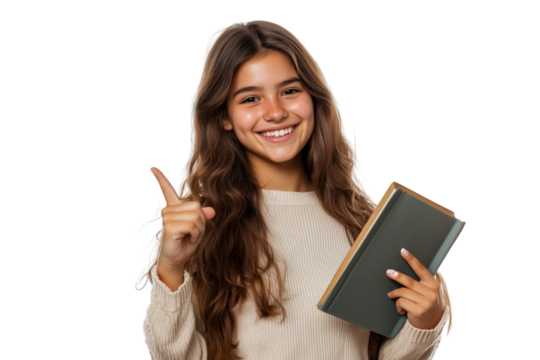 Smiling Woman Holding Book and Pointing - Education and Knowledge