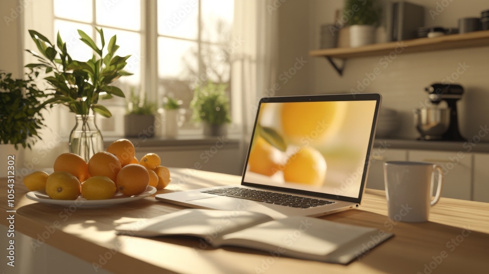 Poster a well-lit kitchen workspace features a laptop displaying citrus fruits, a bowl of oranges, and an o