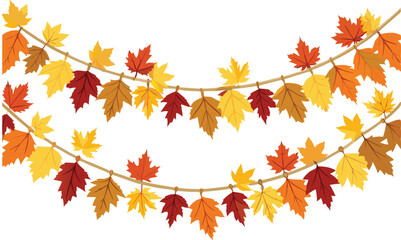 Obraz premium Autumn Leaves Border in Various Colors Isolated on White Transparent Background, PNG Element. Vibrant fall foliage colorful garland