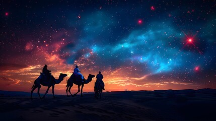 Fototapeta premium Three wise men on camels silhouetted against a glowing sky, approaching the birthplace of baby Jesus in Bethlehem
