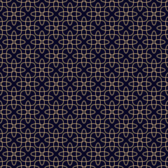 Fototapeta premium Golden minimal vector seamless pattern. Abstract linear ornament texture with grid, lattice, mesh, squares, flower silhouettes, leaves. Luxury black and gold geometric background. Repeated geo design
