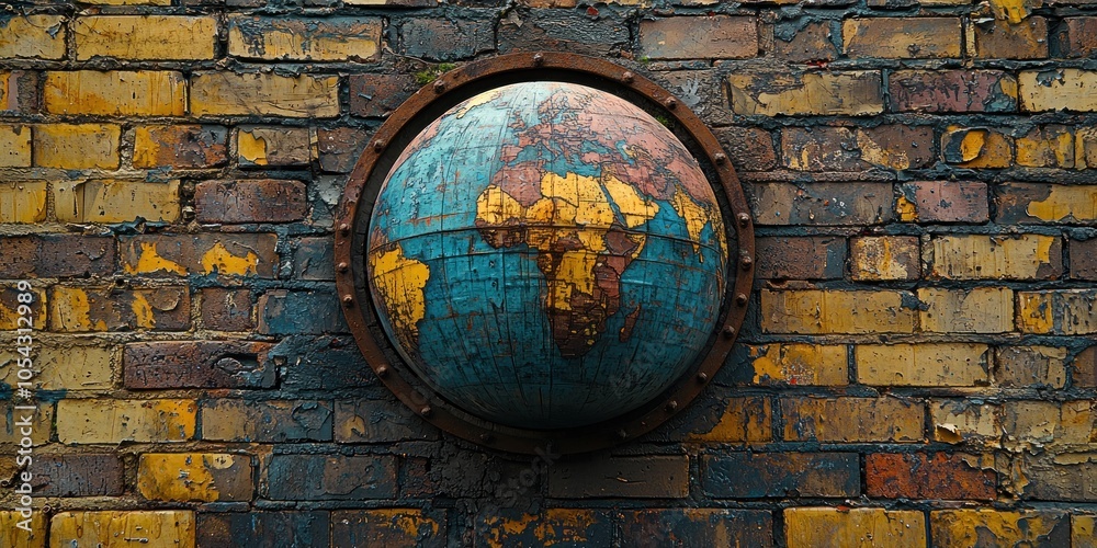 Poster worn globe embedded in a weathered brick wall