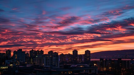 Obraz premium City skyline at sunset, with buildings silhouetted against a glowing sky.
