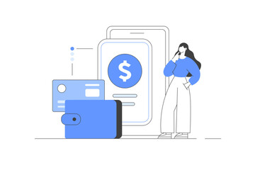 Cash bank card transfer. Character in online internet banking transfer electronic funds. Purse with money and credit bank cards. Sending and receiving. Financial Vector Illustration, icon. Stylish