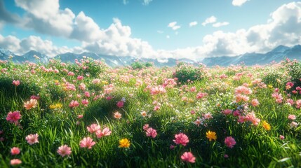 Obraz premium Tranquil Lush Green Grass Field Dotted With Vibrant Wildflowers in Soft Shade for Relaxation and Nature Imagery
