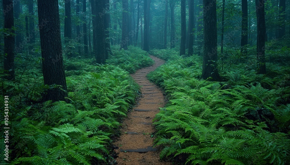 Poster a foggy forest path lined with ferns