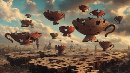 Naklejka premium Puzzle-Piece Cups in a Surreal Landscape