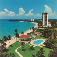 Fototapeta premium Aerial view of a tropical beach resort with a pool and palm trees.