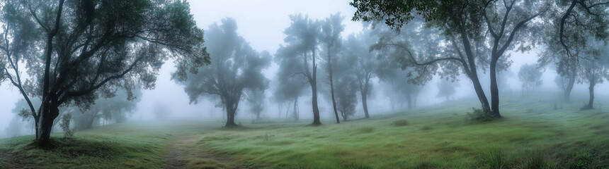 Serene misty forest scene with trees and lush green grass, creating a tranquil and mysterious atmosphere in early morning fog