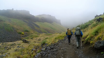 Fototapeta premium Hikers traversing foggy mountainous trail amidst lush greenery and rocky landscape