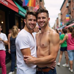 Fototapeta premium An image featuring a proud gay couple amidst an LGBT Pride-themed backdrop