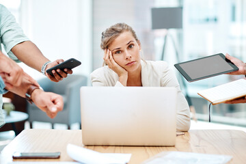 Business woman, multitasking and tired with stress, mental health and frustrated in financial...