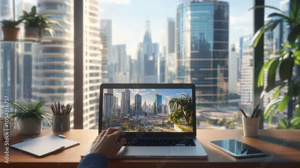 Poster in a modern office, a person interacts with a laptop displaying a vibrant city skyline. sunlight str