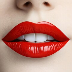 Obraz premium Close-up of glossy red lips with white teeth, showcasing beauty and makeup.