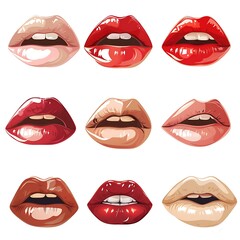 Red lips illustration on white background with lipstick and smile elements