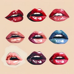 Red lips illustration on white background with lipstick and smile elements