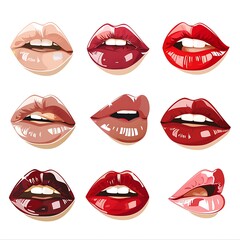 Red lips illustration on white background with lipstick and smile elements