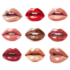 Red lips illustration on white background with lipstick and smile elements