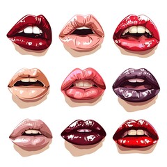 Red lips illustration on white background with lipstick and smile elements