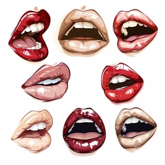 Red lips illustration on white background with lipstick and smile elements