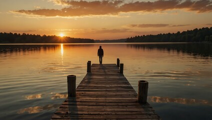Naklejka premium A person enjoying solitude on a wooden pier at sunset, reflecting warm colors in the lake.