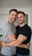 Fototapeta premium A smiling gay couple casually embrace feeling secure within a modern living space
