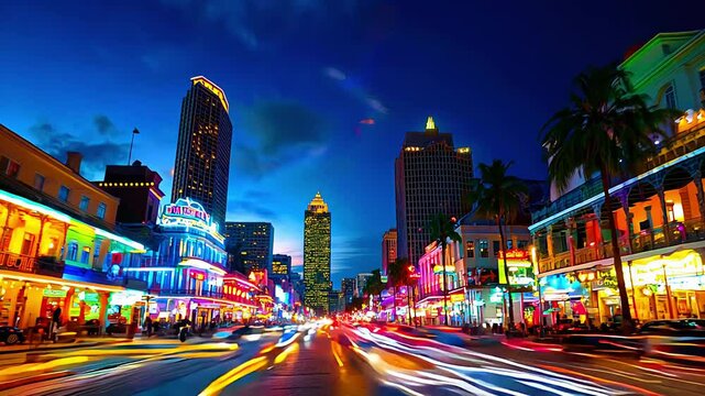 Vibrant Nightlife in New Orleans with Neon Lights and Cityscape Views. Mardi Gras festive illuminated city