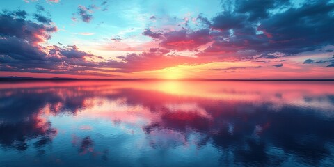 Obraz premium A serene landscape with a fiery sunset reflected in still water.