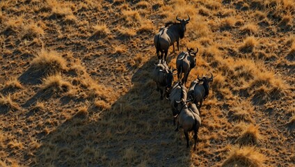 Obraz premium Aerial view of wildebeest babies in the wild.