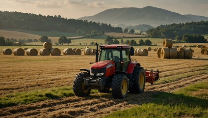 Obraz premium Agricultural machinery and hay bales in a field.