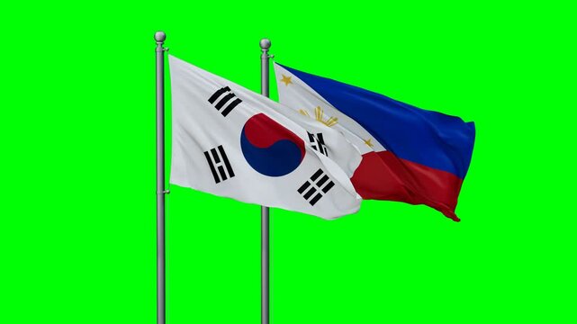 Philippines and South Korea flags flying together, video concept of the relationship with colored chroma key for easy background remove, two country cooperation concept