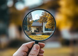 Close-up view of a suburban house seen through a magnifying glass, highlighting architectural details and outdoor landscaping in focus.
