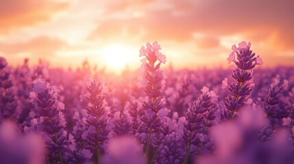 Fototapeta premium Soft Lavender Field at Sunrise with Gentle Morning Light Perfect for Landscape and Nature Enthusiasts