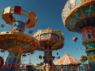 Amusement park scene with colorful rides under a blue sky.