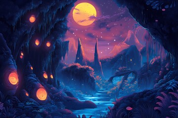 Obraz premium Fantasy Forest Night Scene with Moon and Glowing Trees