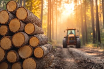 Tractor in a Sunlit Forest with Stacked Logs