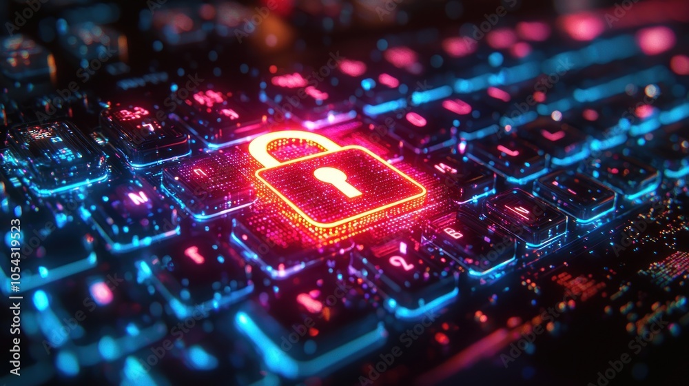 Poster glowing neon padlock on a futuristic keyboard
