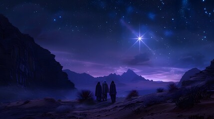 Obraz premium The star of Bethlehem glowing brightly in the night sky, guiding the three wise men as they carry their treasures through the desert