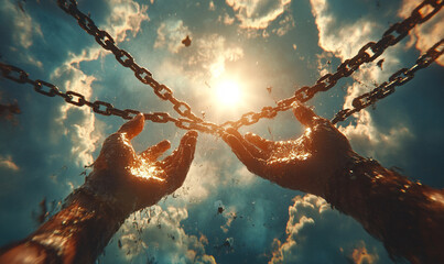 Symbolic image of hands breaking free from chains, reaching toward a bright light against a dramatic, cloudy sky at sunset.
