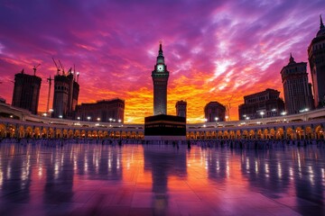Naklejka premium Beautiful sunset over the Grand Mosque in Mecca with vibrant sky reflecting on the polished courtyard