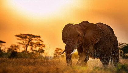 Fototapeta premium A cute elephant walking in front of a sunset in the savannah