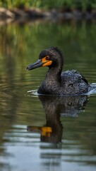 Obraz premium Black-faced cormorant reflected in water.