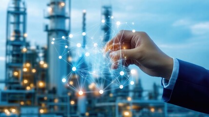 Fototapeta premium A hand manipulating digital connections in an industrial setting, symbolizing innovation in technology and energy.