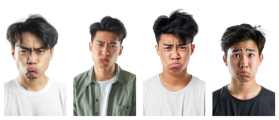 Portrait of young beautiful Asian man with disgusted expression, isolated on transparent background, generative ai.
