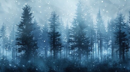 Fototapeta premium Abstract Winter Forest with Snowflakes and Misty Blue Background for Serene Seasonal Design
