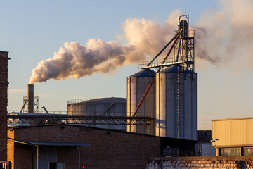 The factory pollutes the environment. Dangerous fumes from the pipe. Silos against the background of the sky and fumes. © Роман Булатов