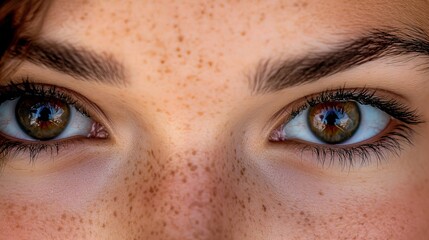 Fototapeta premium Close-up of a woman's hazel eyes with freckles on her face.