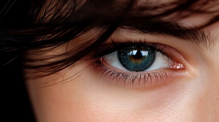 Fototapeta premium A close-up of a woman's blue eye with dark eyelashes and a hint of brown in the center.