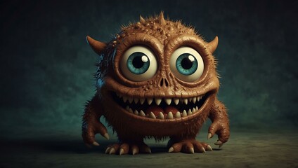 Naklejka premium Cartoon monster with big eyes and sharp teeth, appearing scary.